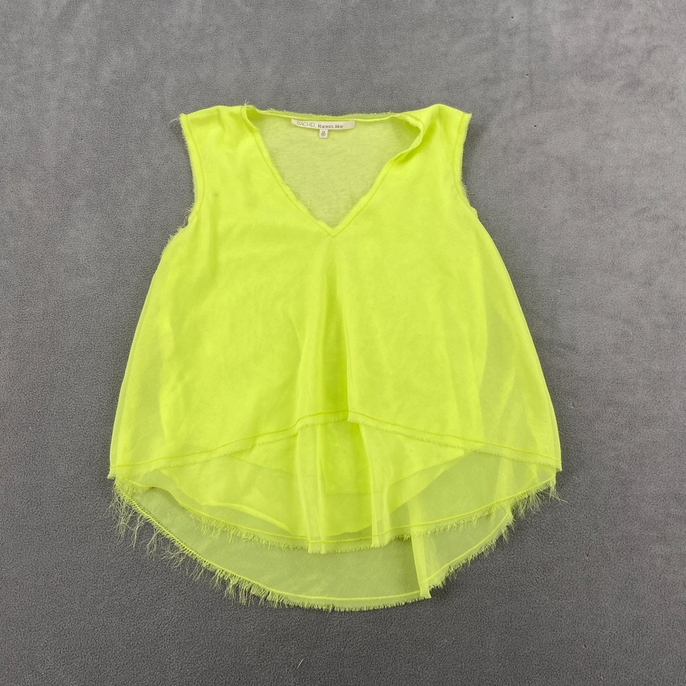 Rachel Roy Blouse Top Womens XS Neon Yellow V Neck Chiffon Layered Frayed Hem